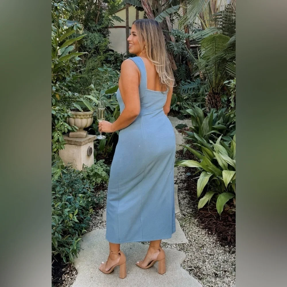 NWT SHOW ME YOUR MUMU Large Eden Stretch Midi French Blue Square Neck High Slit
